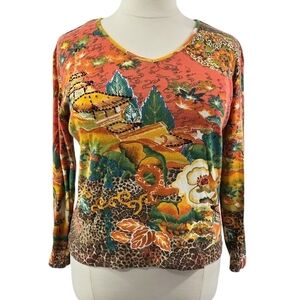 Chico's Design Orange Asian Landscape Cheetah Print 100% Cotton Top Art to Wear